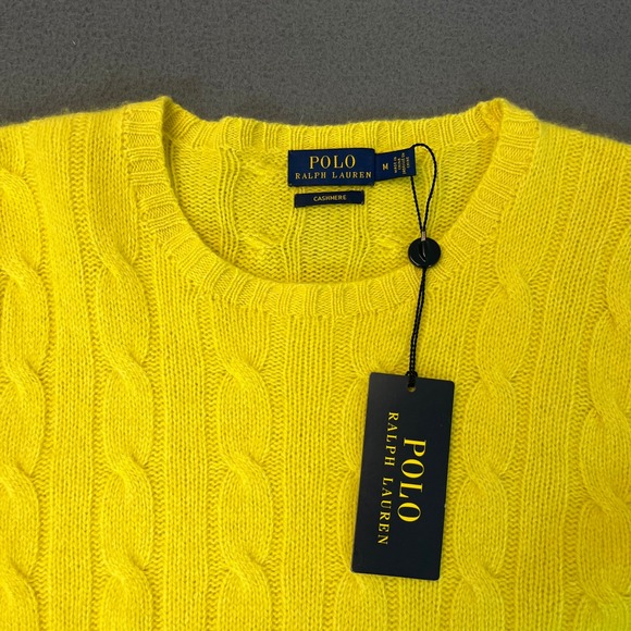 Polo Ralph Lauren Cable Knit 100% Cashmere Sweater Yellow Crew Neck Size Medium - Picture 2 of 8